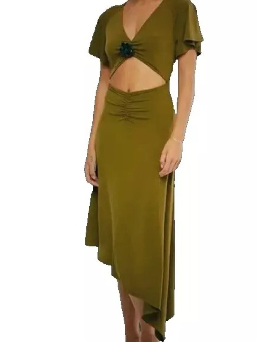 ~ $128 WeWoreWhat Cut Out ASYM Dress Double knit Stretch Military Olive -L - NWT